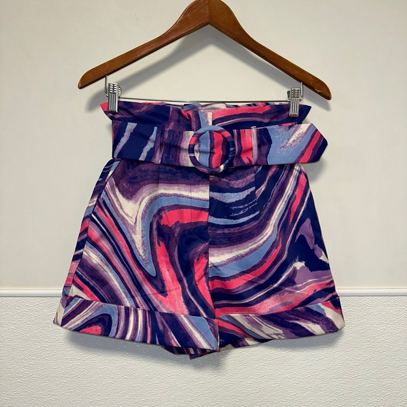 One n More Pants - One N More Psychedelic Ruffle Paperbag Women's Shorts Pink Purple S Belted NWT